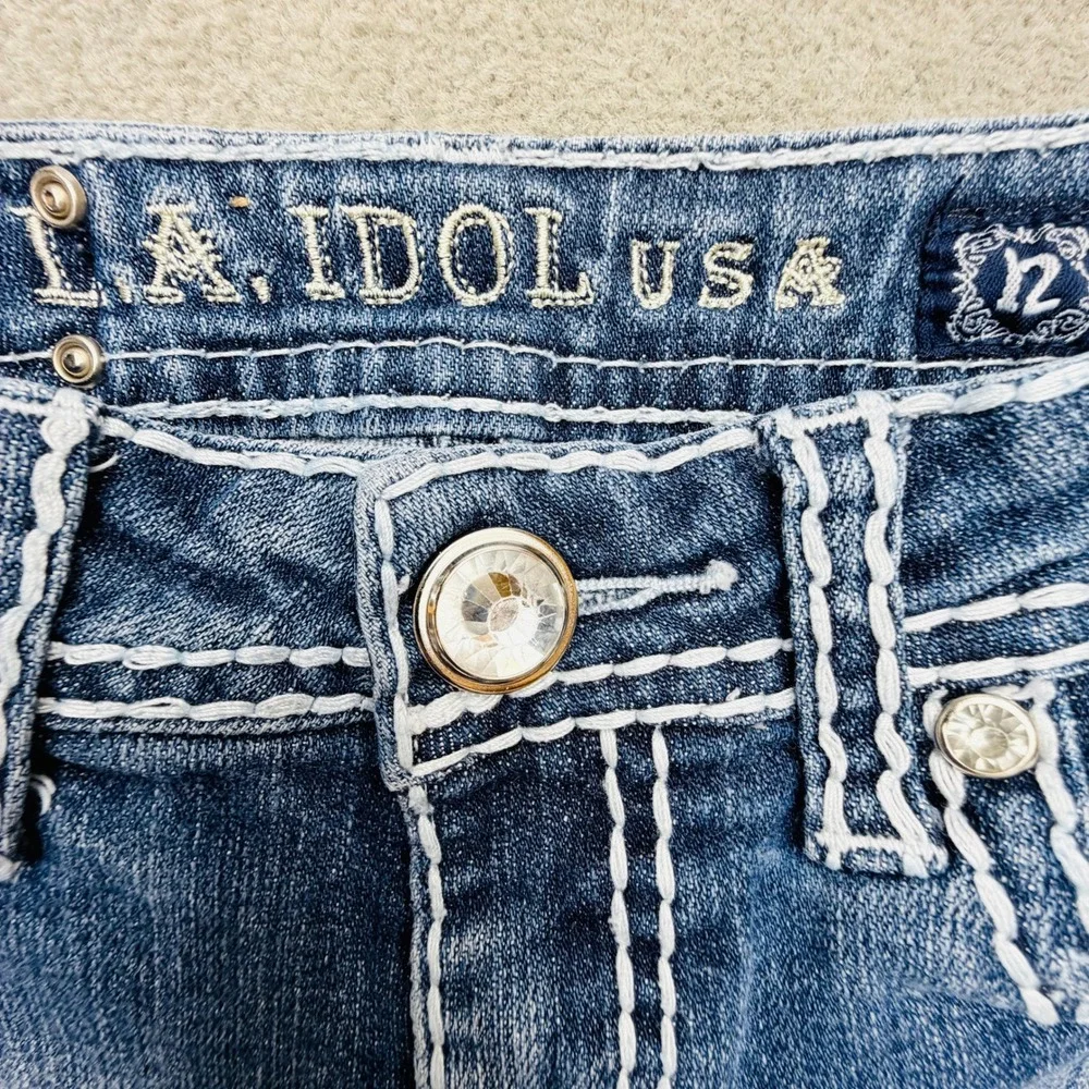 LA Idol USA Womens Denim Bermuda Shorts Blue Thick Stitch Rhinestone Size 12